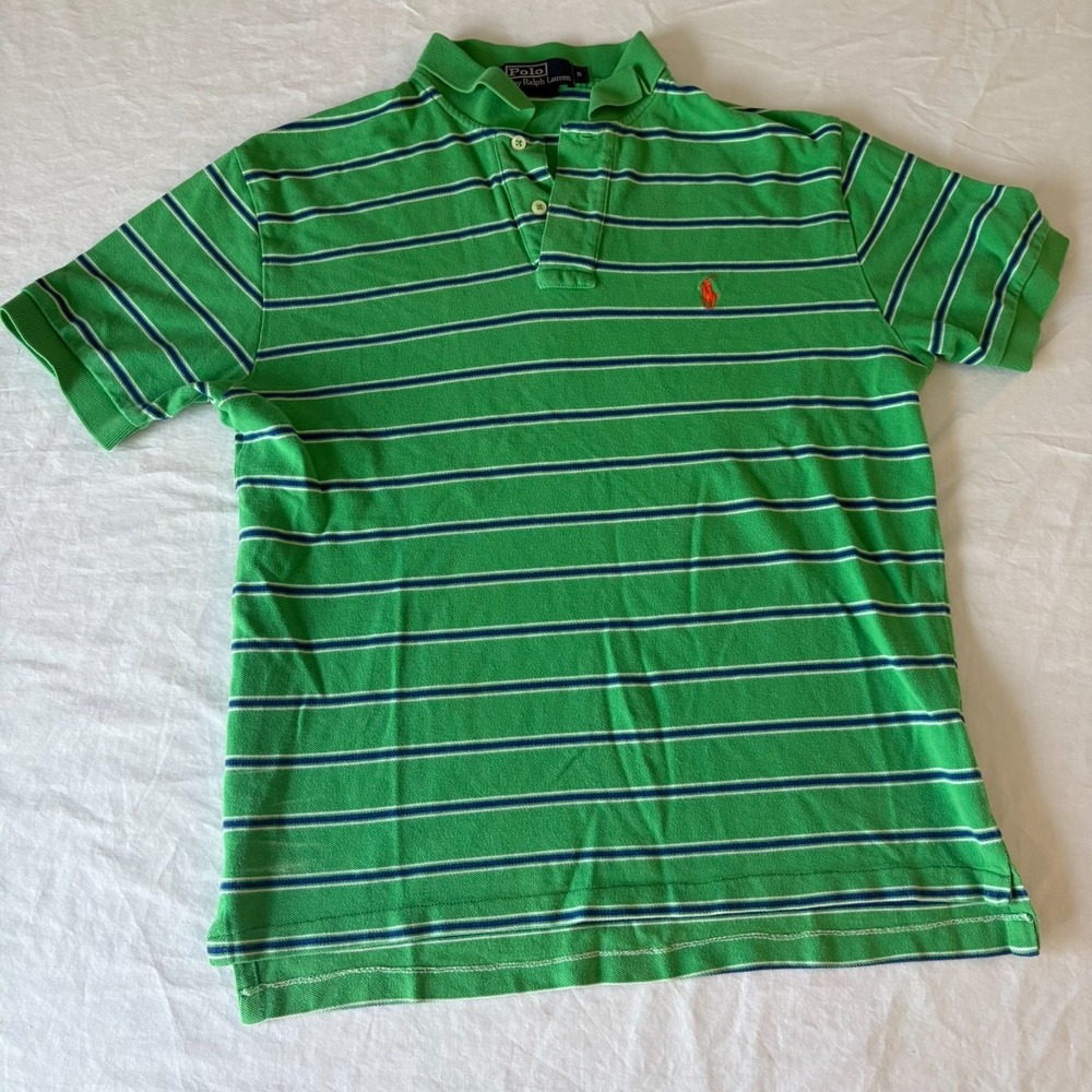 Polo Ralph Lauren Mens Green Striped Embroidered Pony Logo Polo Shirt Size S‎